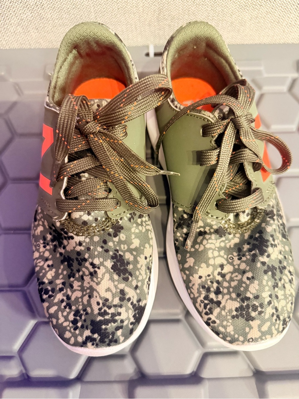 New Balance Kids Olive Camo Sneakers with Orange Accent